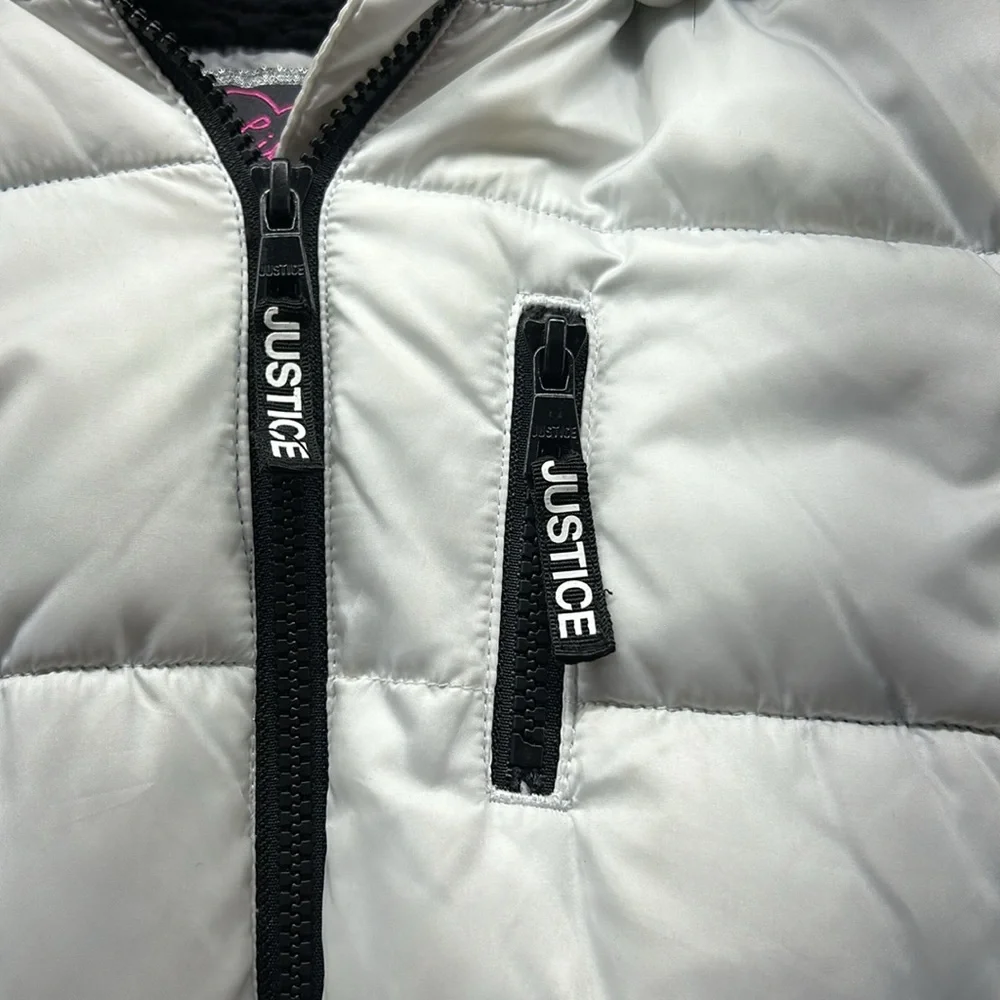 Justice White Puffy coat‎ white with black trim girls size 14/16